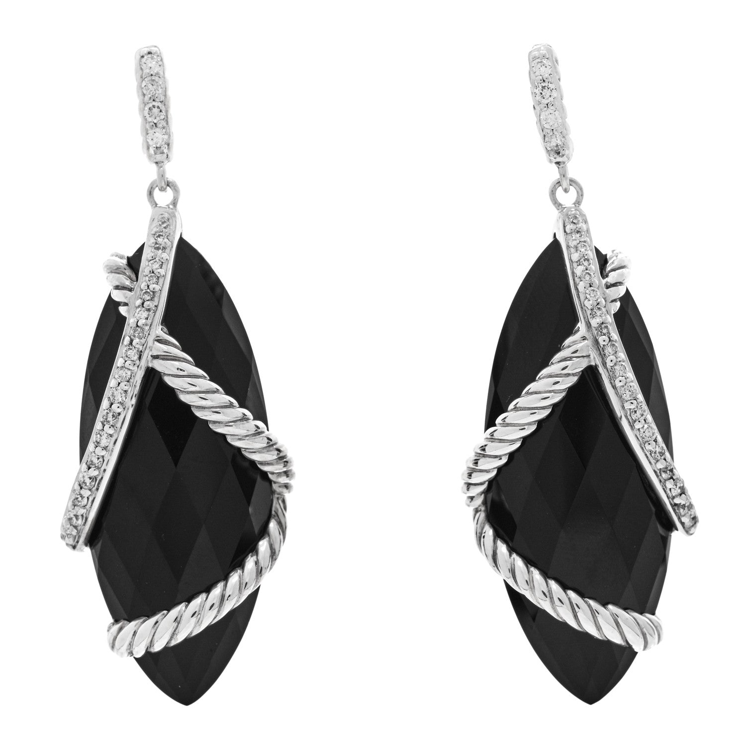 David Yurman Sterling Silver Diamond Black Onyx Cable Wrap Drop Earrings 1 of 4