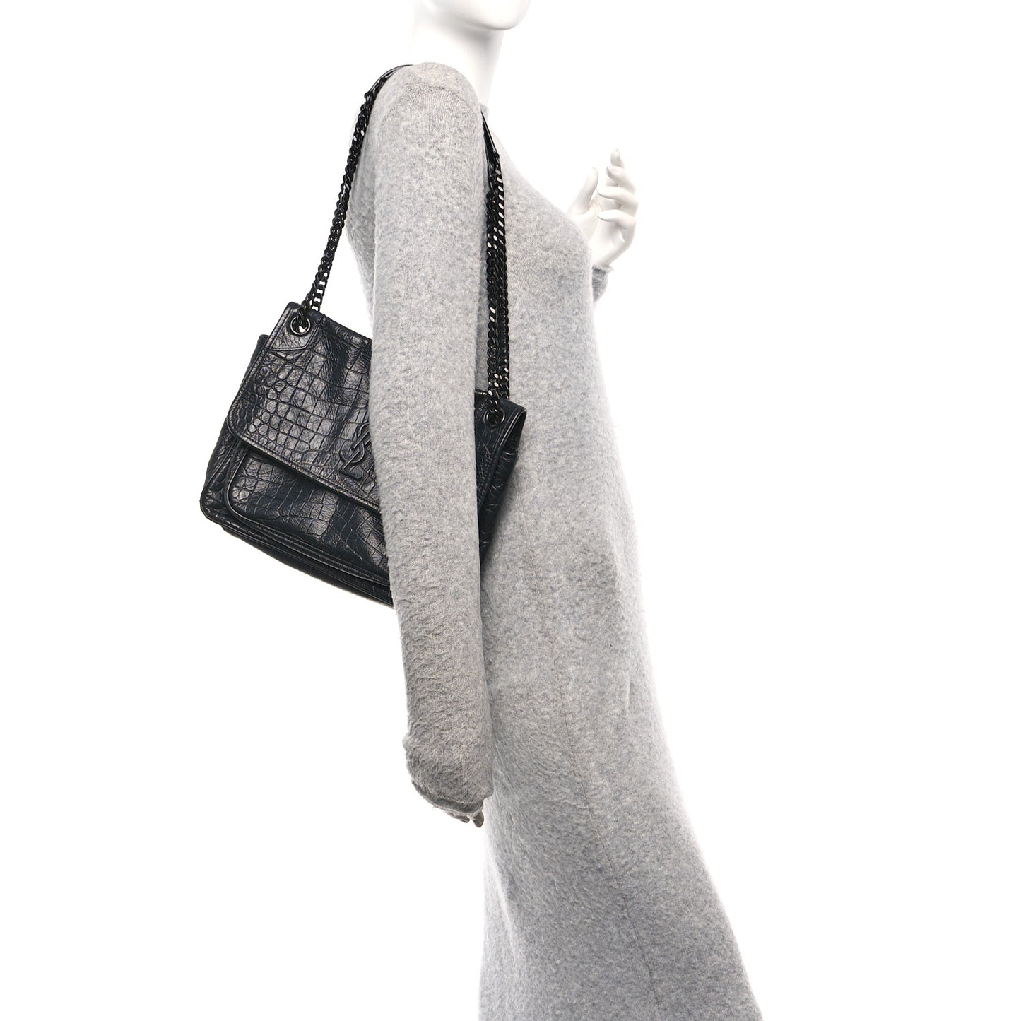 Crocodile Embossed Lambskin Monogram Medium Niki Chain Satchel Black