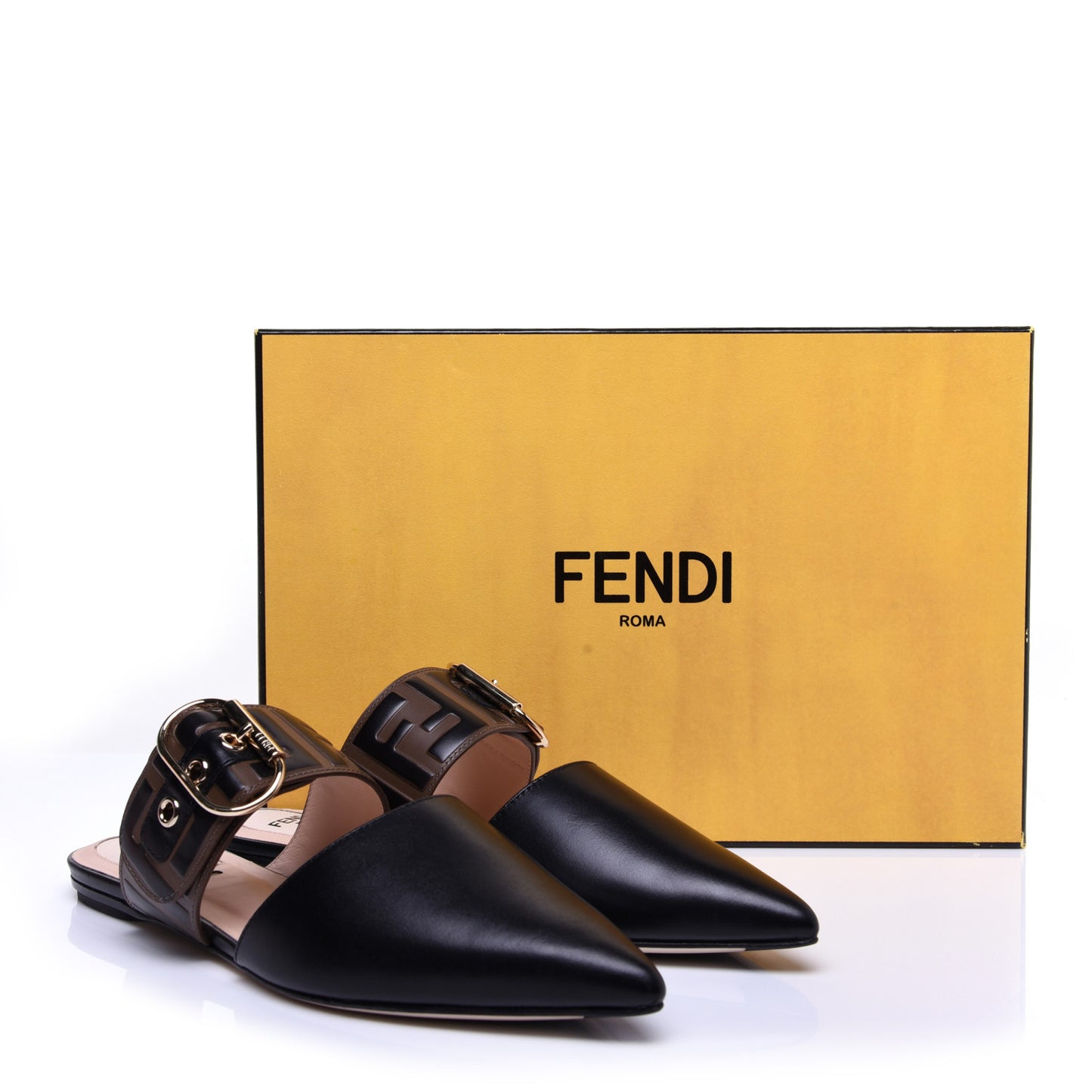 Vitello FF Embossed Buckle Flat Mules 35.5 Maya Black