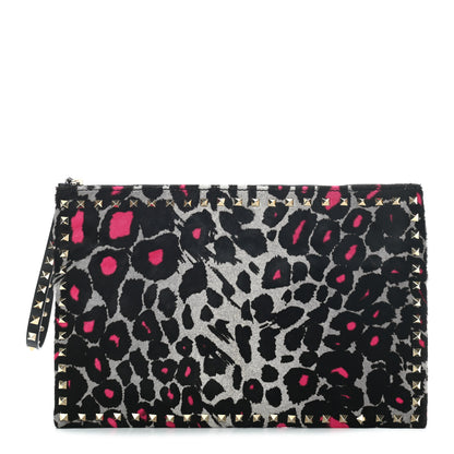 Valentino Garavani Calf Hair Leopard Print Large Rockstud Zip Wristlet Pouch Grey Pink 1 of 6