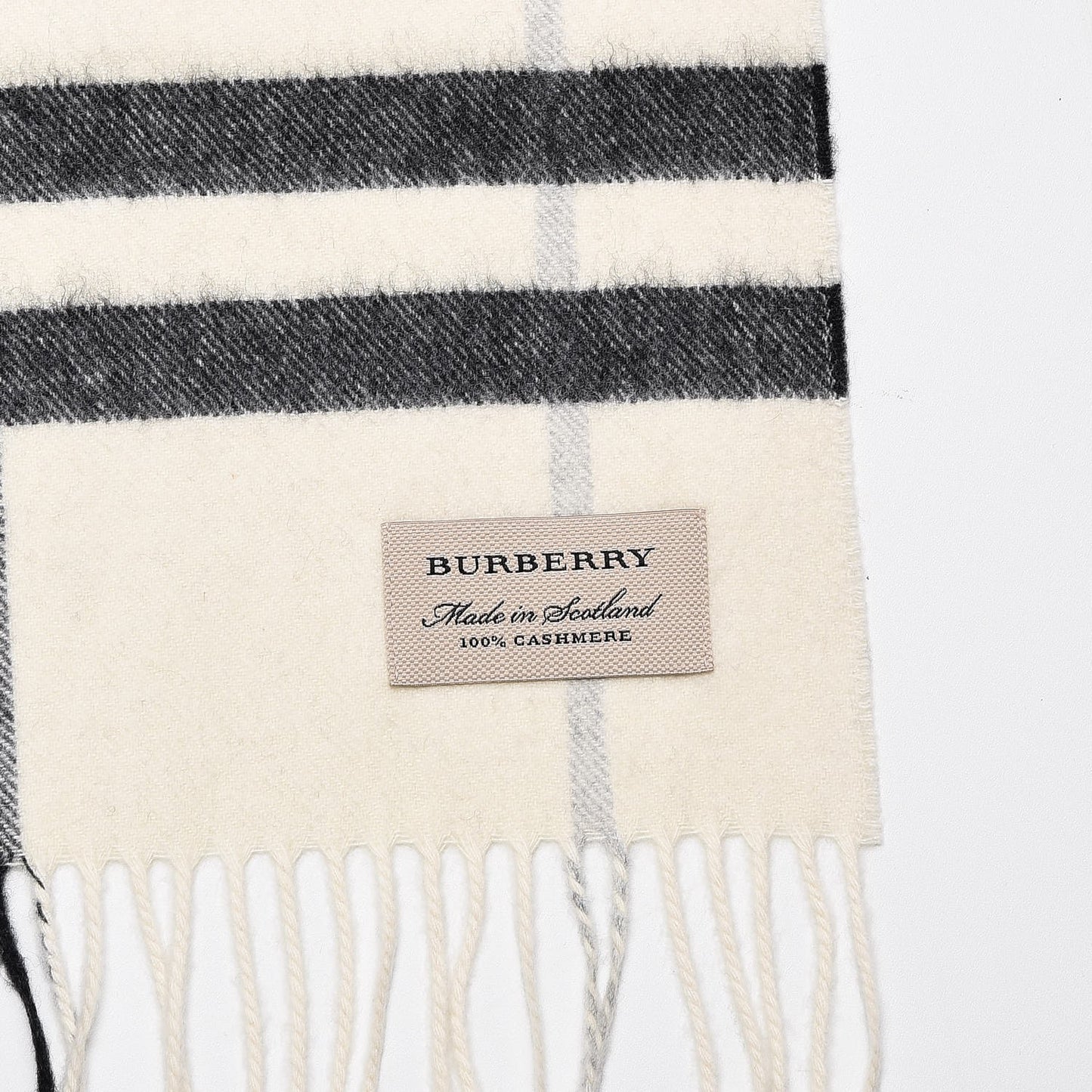 Cashmere Giant Check Fringe Scarf Natural White
