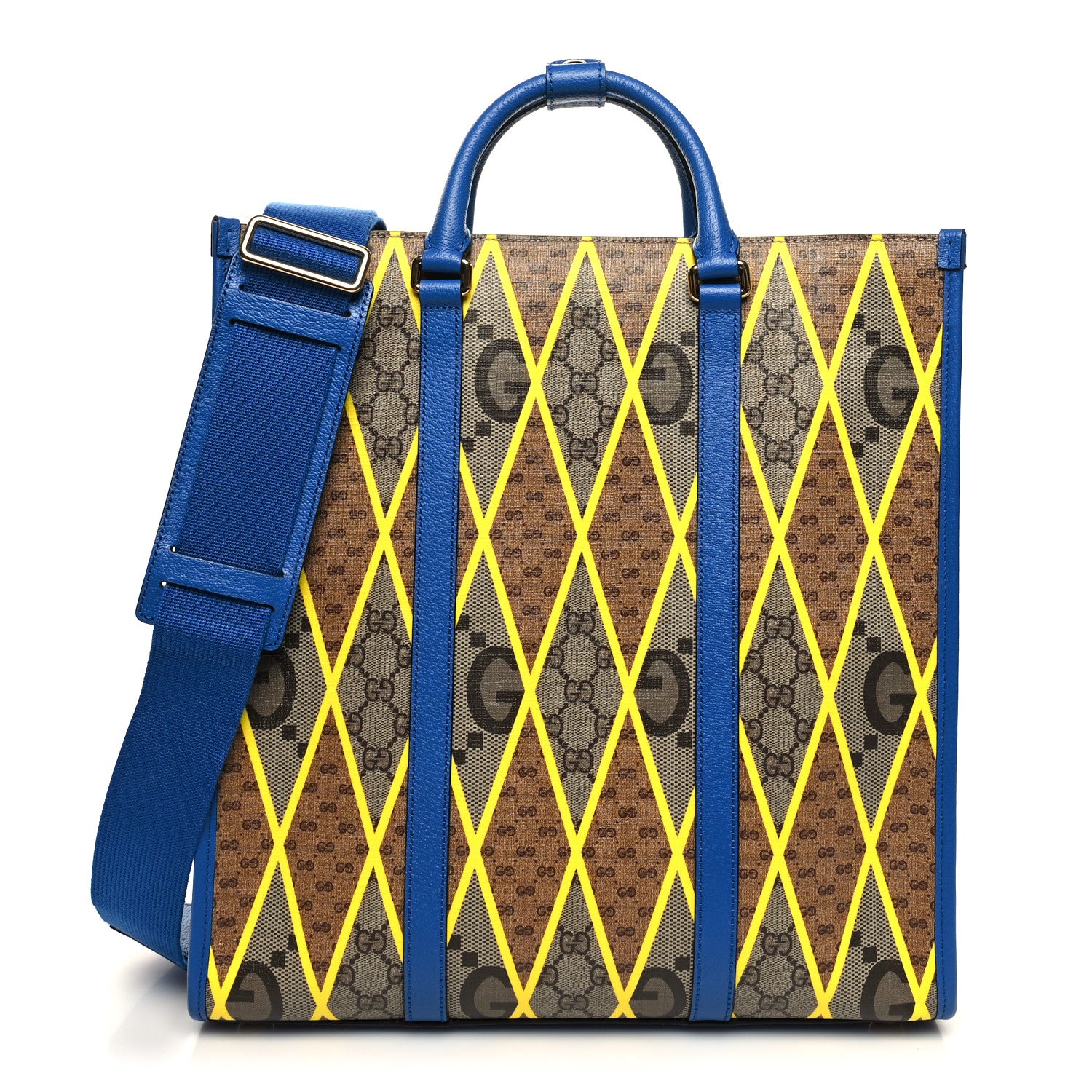 Gucci GG Supreme Monogram Mix Textured Dollar Calfskin Rhombus Inlay Large Tote Bag Beige Ebony Harvest Joy Blue 1 of 10