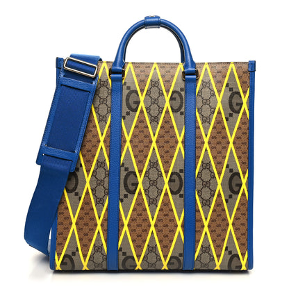 Gucci GG Supreme Monogram Mix Textured Dollar Calfskin Rhombus Inlay Large Tote Bag Beige Ebony Harvest Joy Blue 1 of 10
