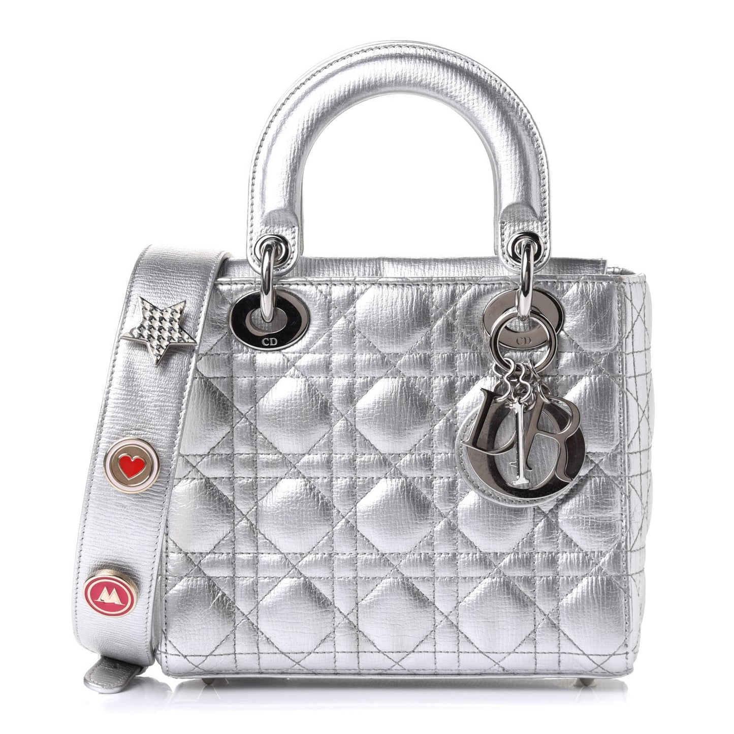 Metallic Grained Calfskin Cannage Small Lucky Badges My Lady Dior Silver