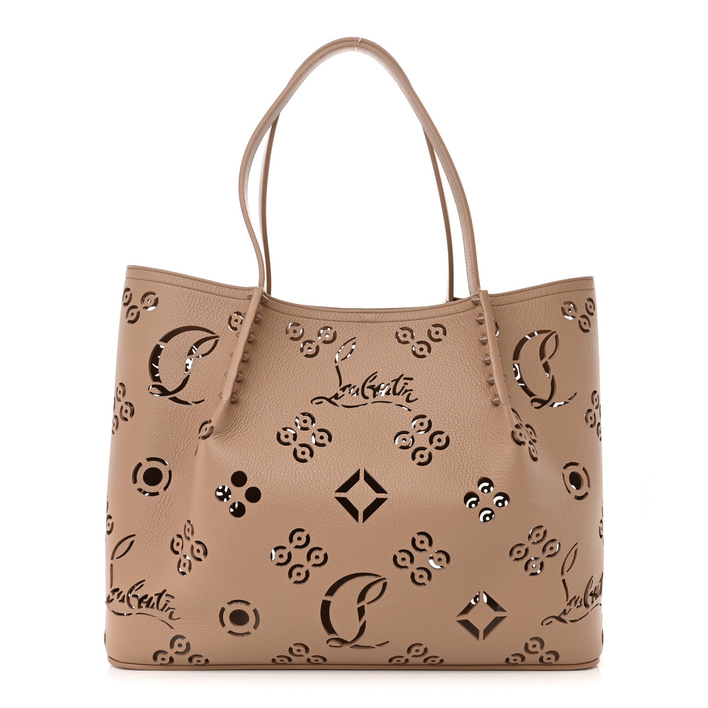 Calfskin Perforated Loubinthesky Small Cabarock Spikes Tote Beige