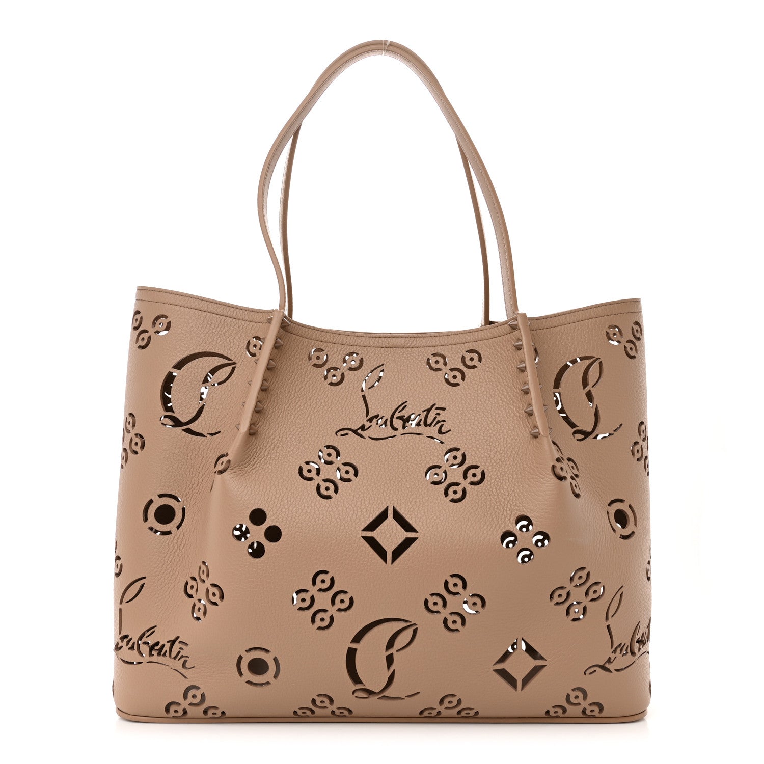 Christian Louboutin Calfskin Perforated Loubinthesky Small Cabarock Spikes Tote Beige 1 of 10