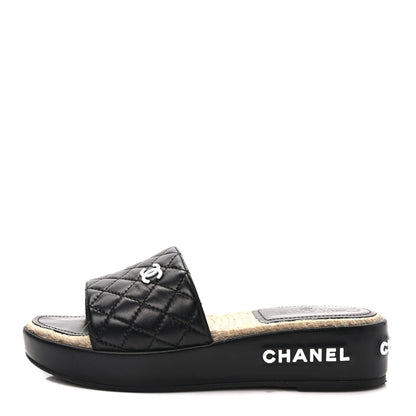 Chanel Lambskin Quilted CC Espadrille Slip On Sandals 37 Black 1 of 10