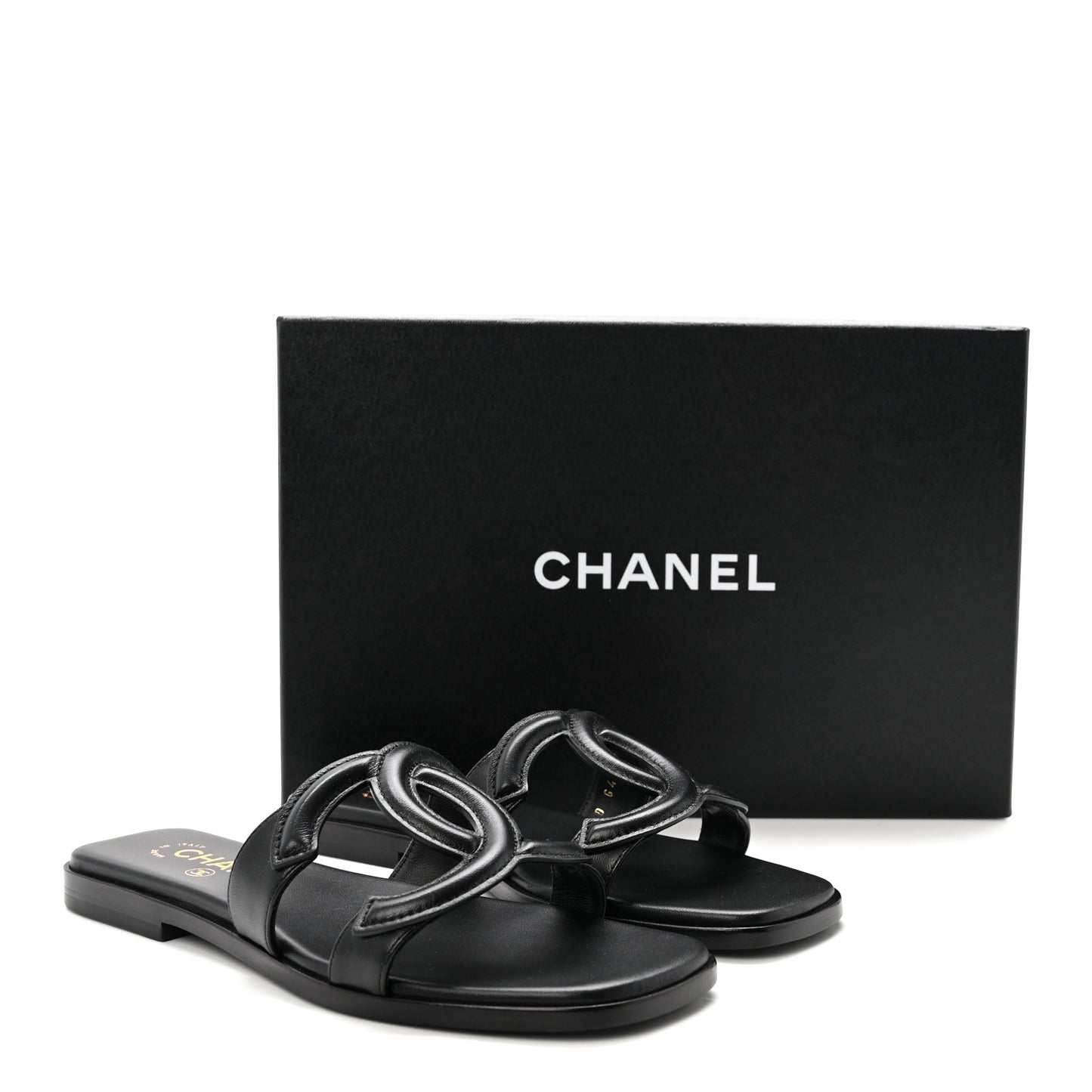 Lambskin CC Cut Out Mules Sandals 36 Black