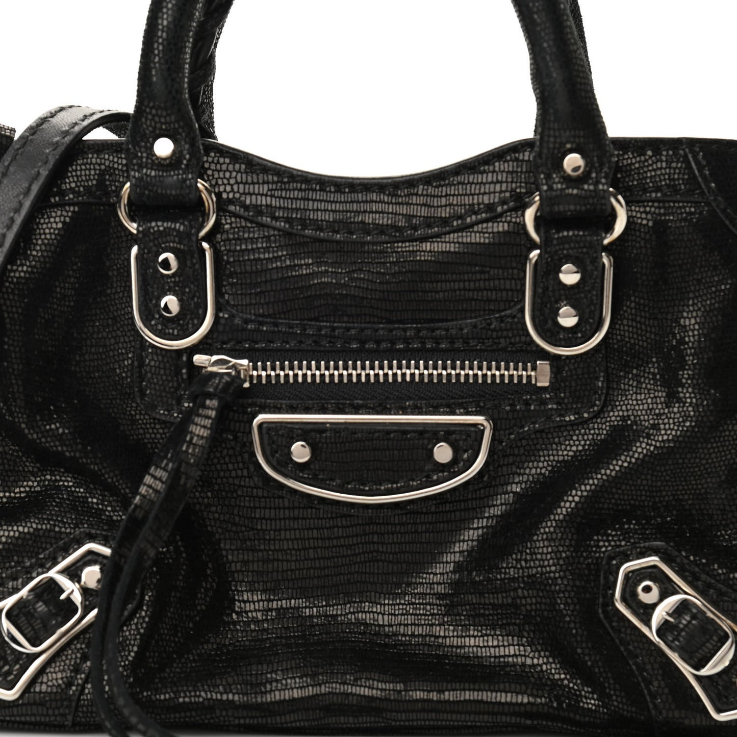 Lizard Embossed Agneau Silver Metallic Edge Hardware Nano City Black