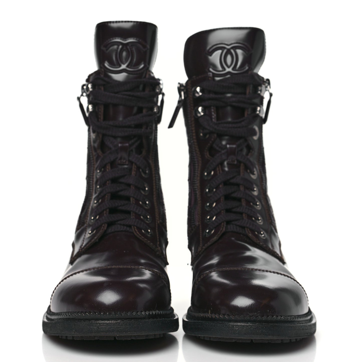 Shiny Calfskin Quilted CC Lace Up Combat Boots 40 Dark Burgundy
