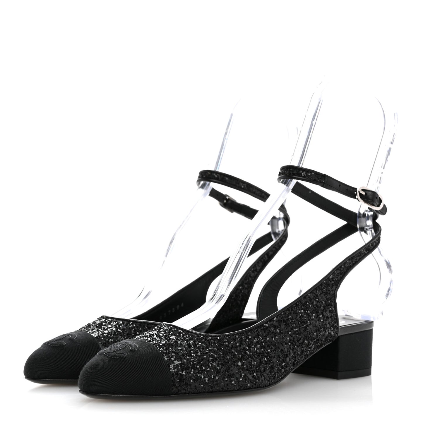 Glitter Grosgrain Cap Toe CC Ankle Wrap Pumps 37 Black