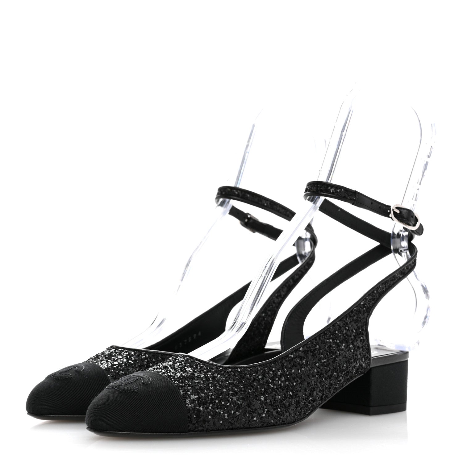 Chanel Glitter Grosgrain Cap Toe CC Ankle Wrap Pumps 37 Black 4 of 9