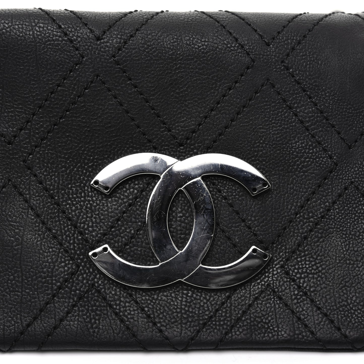 Calfskin Diamond Stitch Accordion Flap Black