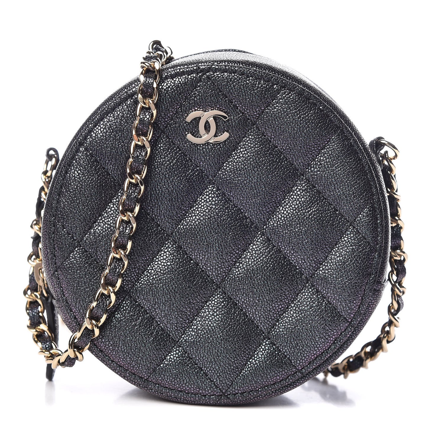Iridescent Caviar Quilted Round Clutch With Chain Black