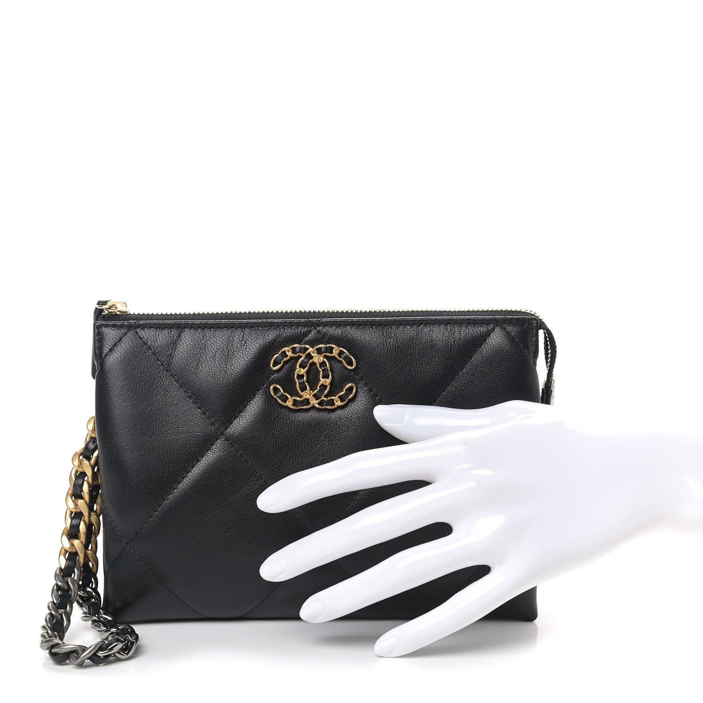 Shiny Goatskin Quilted Small Chanel 19 Pouch With Handle Black