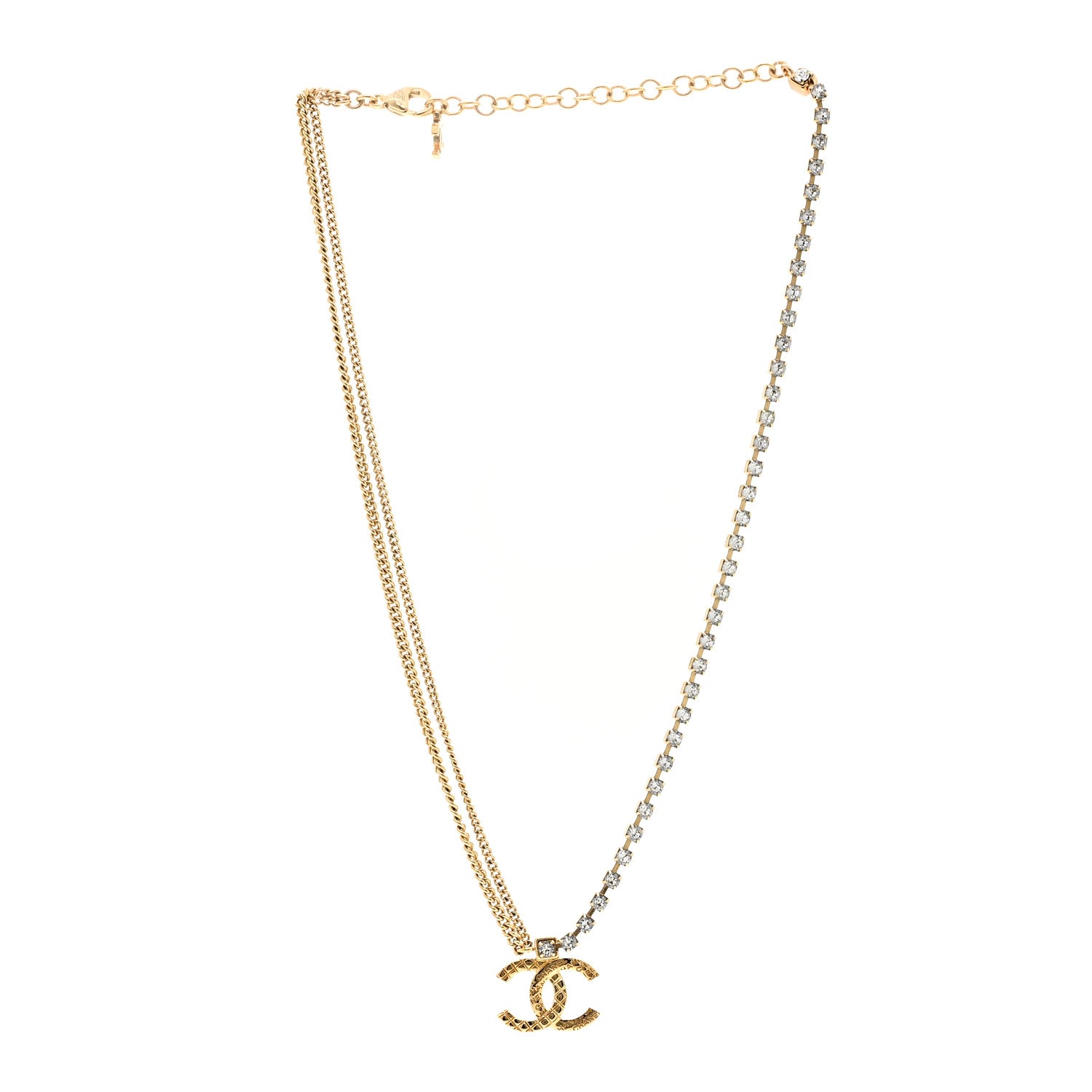 Chanel Metal Crystal Quilted CC Pendant Necklace Gold 3 of 6