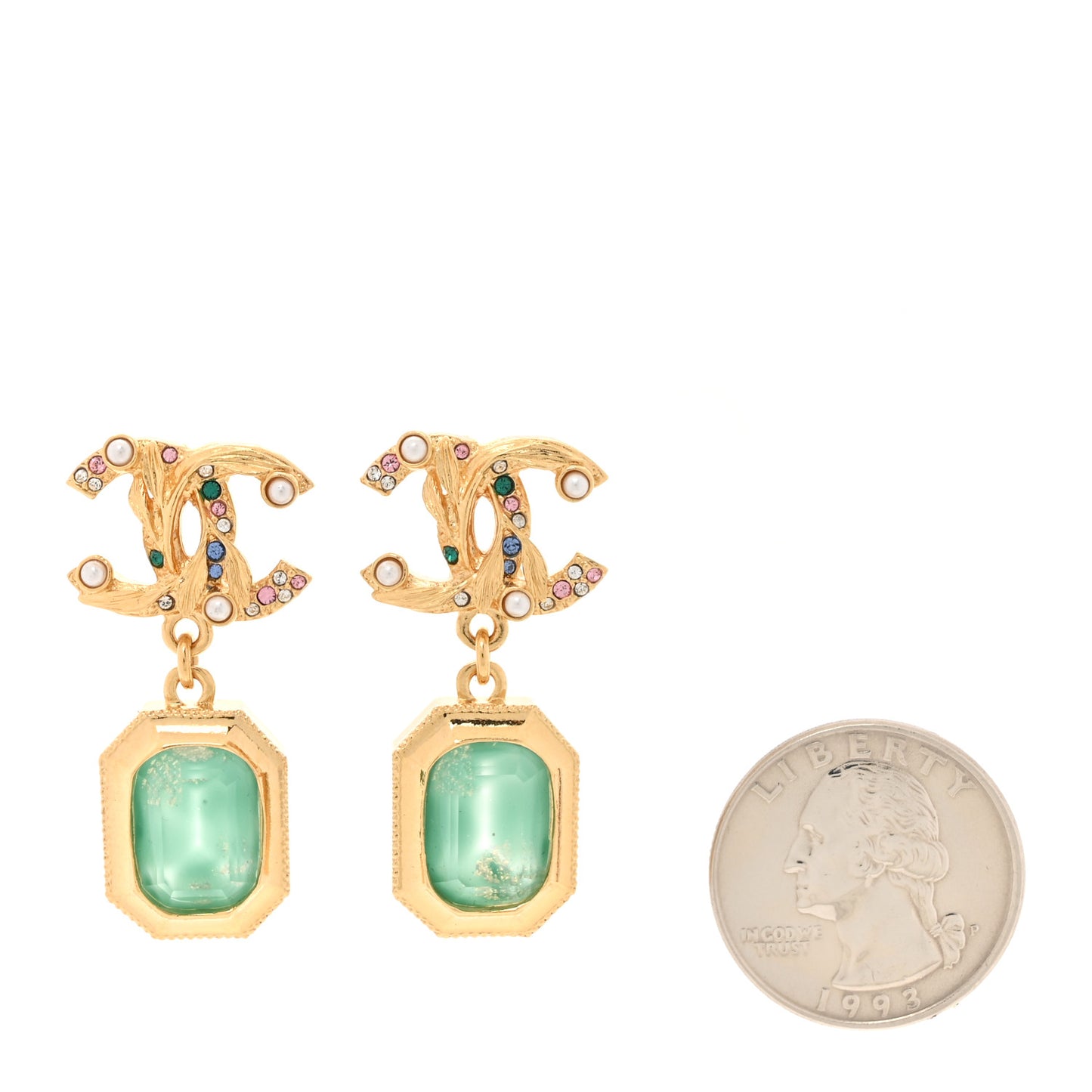 Crystal Pearl Glitter CC Drop Earrings Gold Green