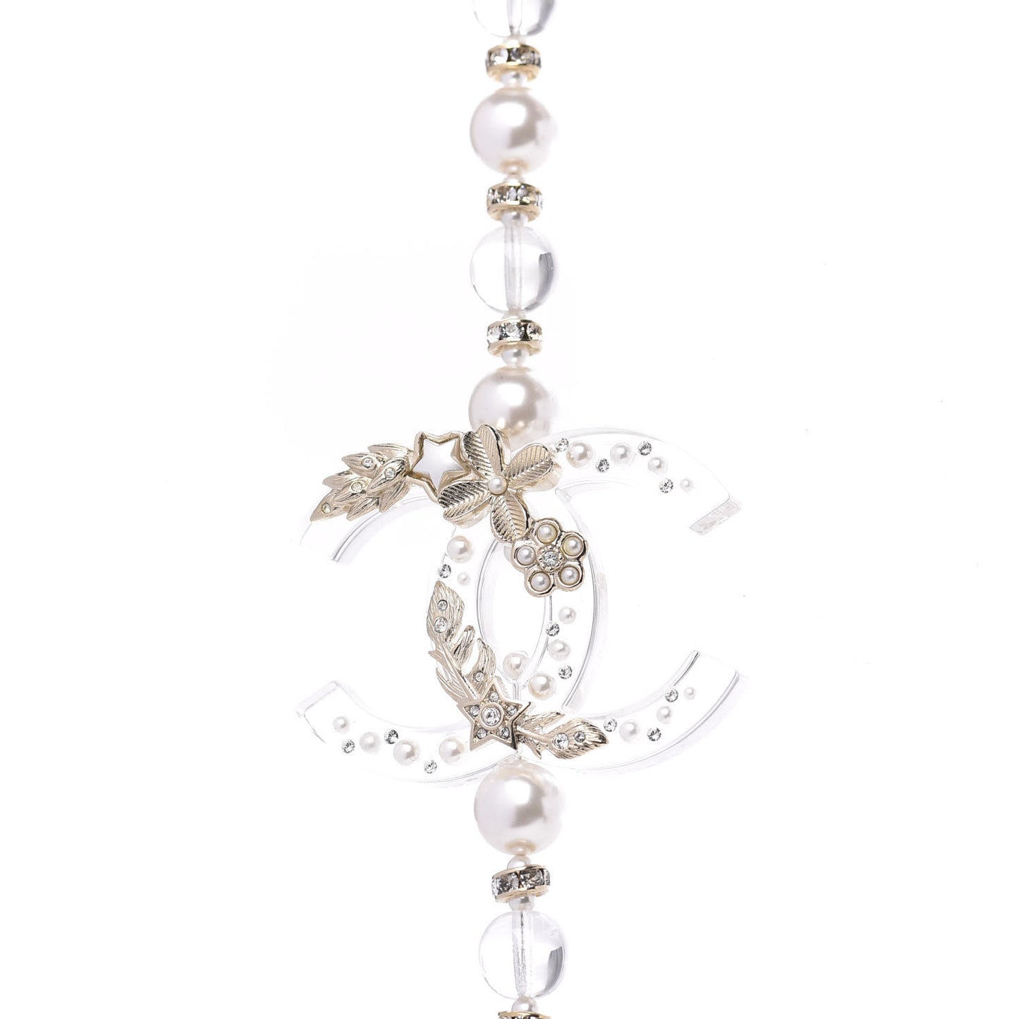 Resin Pearl Crystal CC Long Necklace Transparent Gold