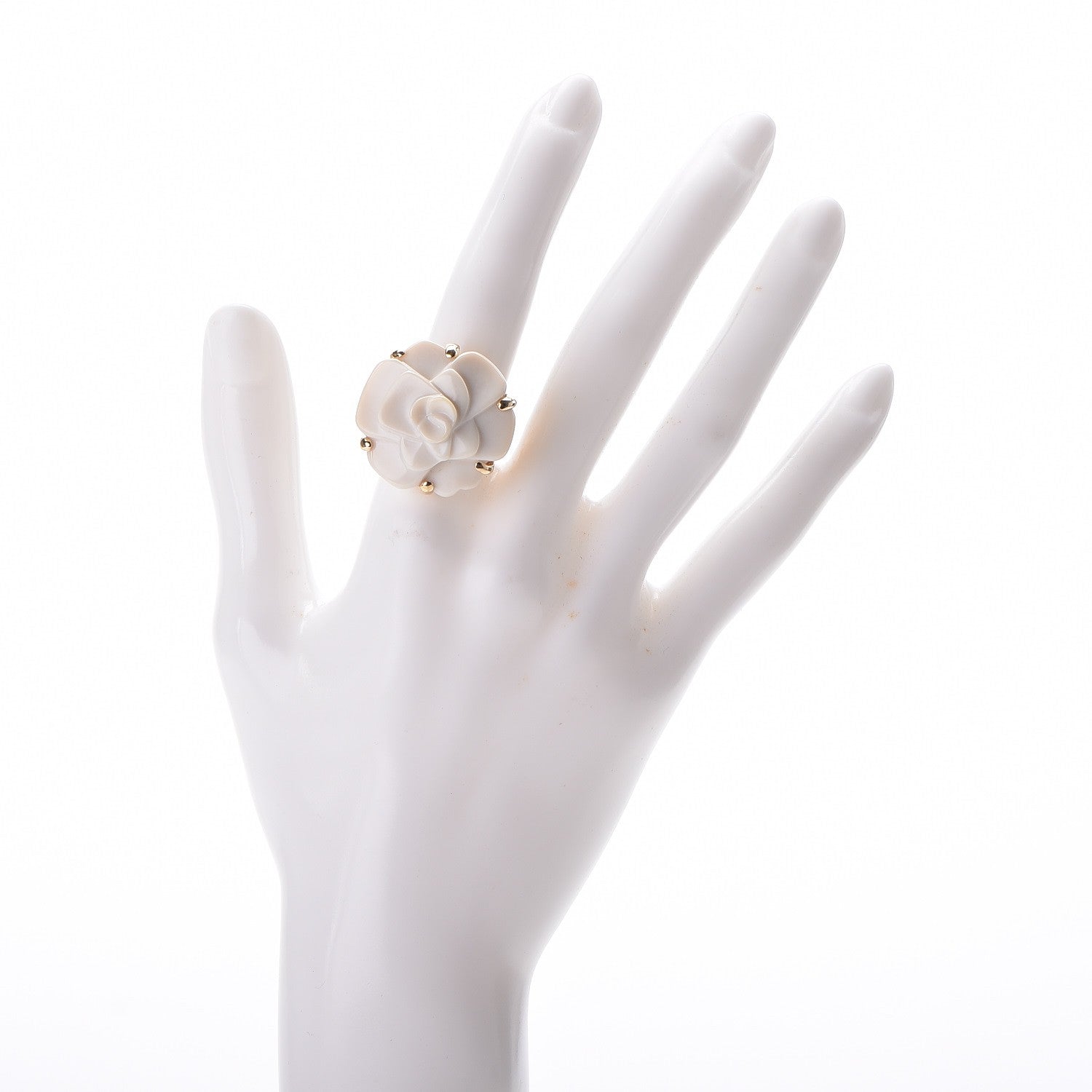 Chanel 18K Yellow Gold White Ceramic Camelia Cachlonj Ring 6.25 2 of 5