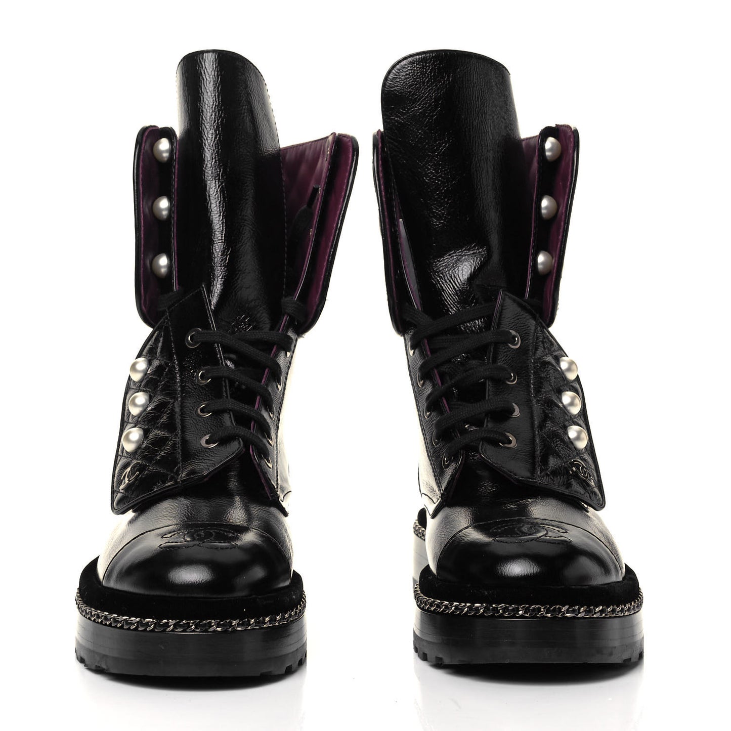 Crackled Calfskin Velvet Pearl Combat Boots 36 Black