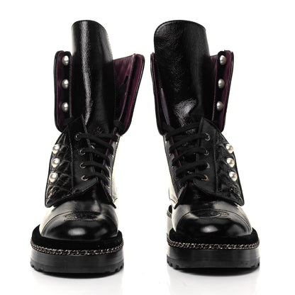 Chanel Crackled Calfskin Velvet Pearl Combat Boots 36 Black 2 of 7