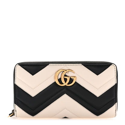 Gucci Calfskin Matelasse GG Marmont Zip Around Wallet Black White 1 of 8