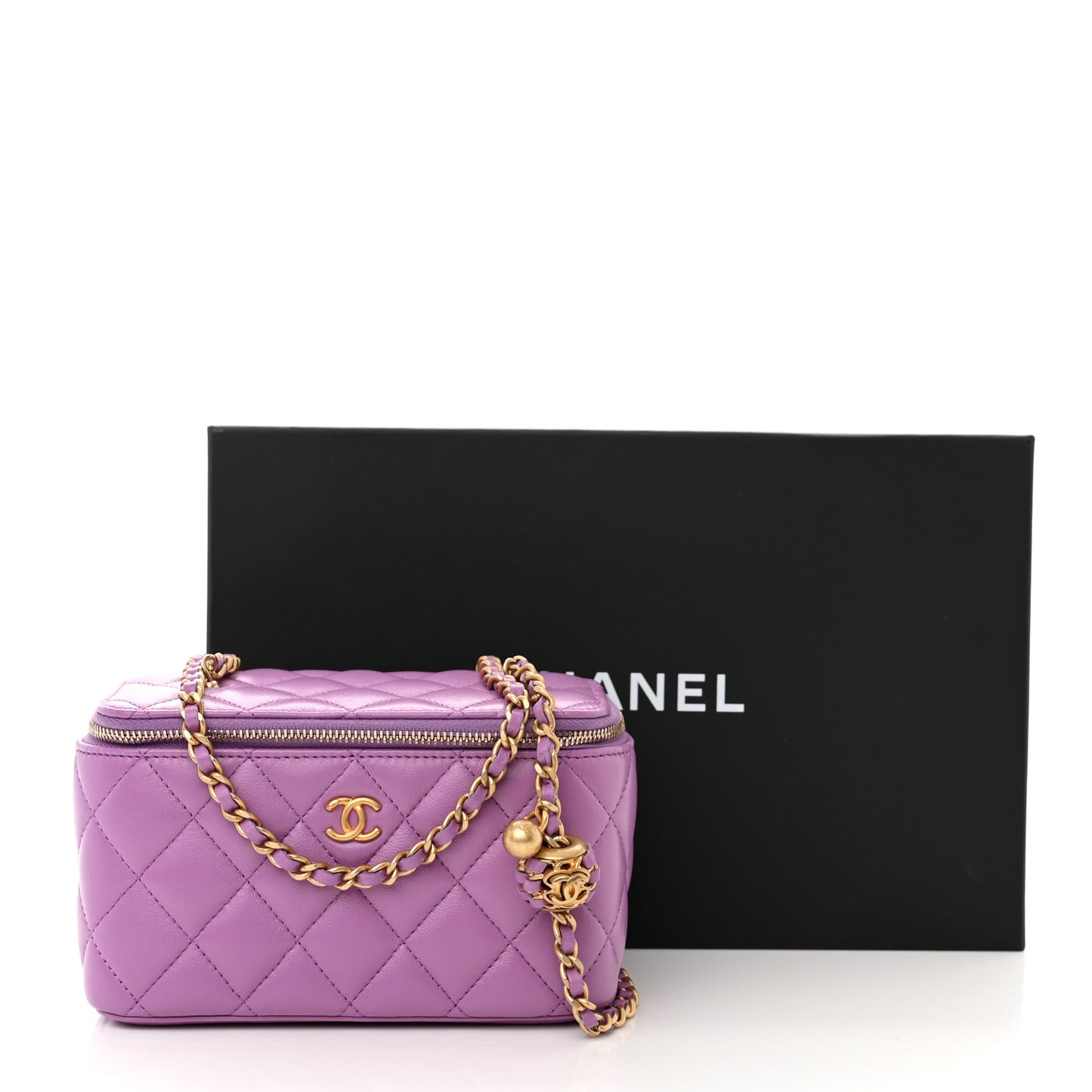 Lambskin Quilted Pearl Crush Small Vanity Case With Chain Purple