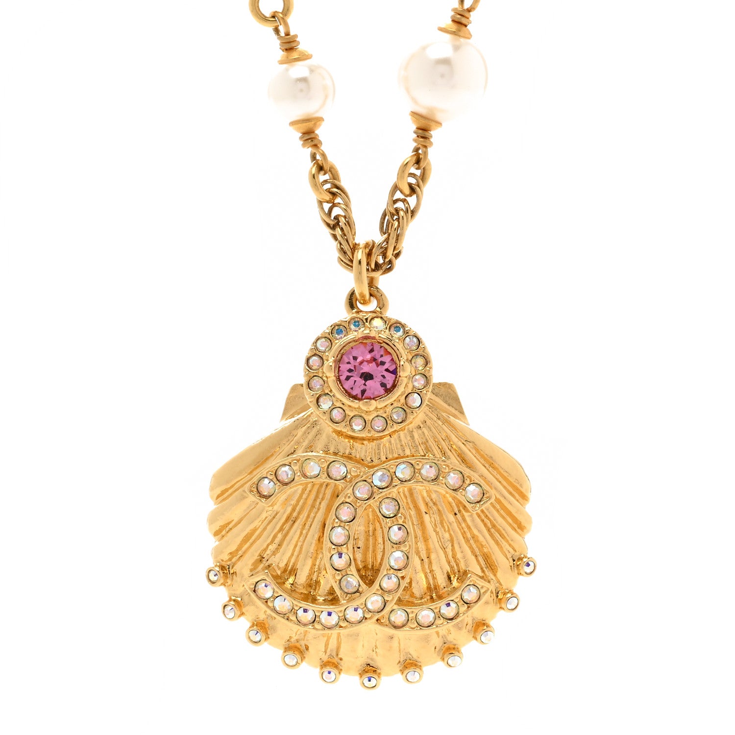 Chanel Metal Pearl Crystal CC Shell Necklace Gold Pink Multicolor 4 of 6