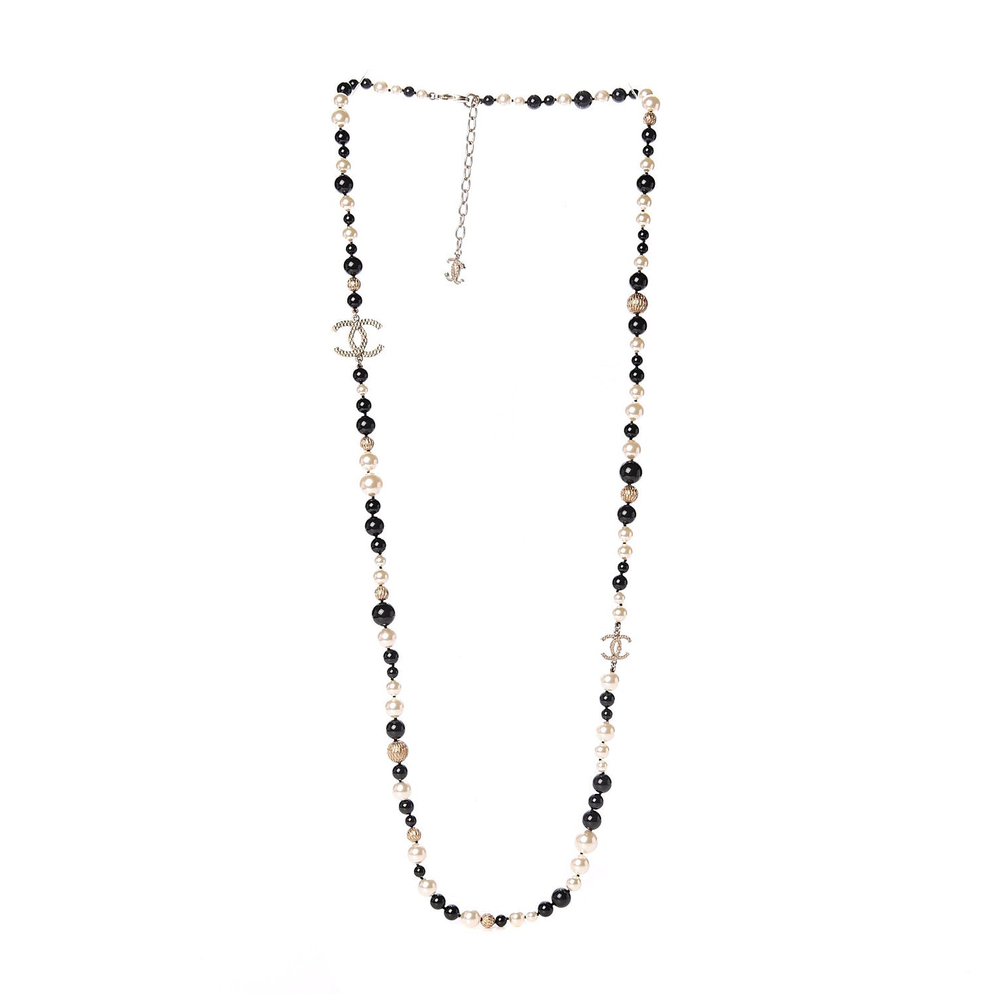 Metal Pearl Beaded Textured CC Long Necklace Gold Black White