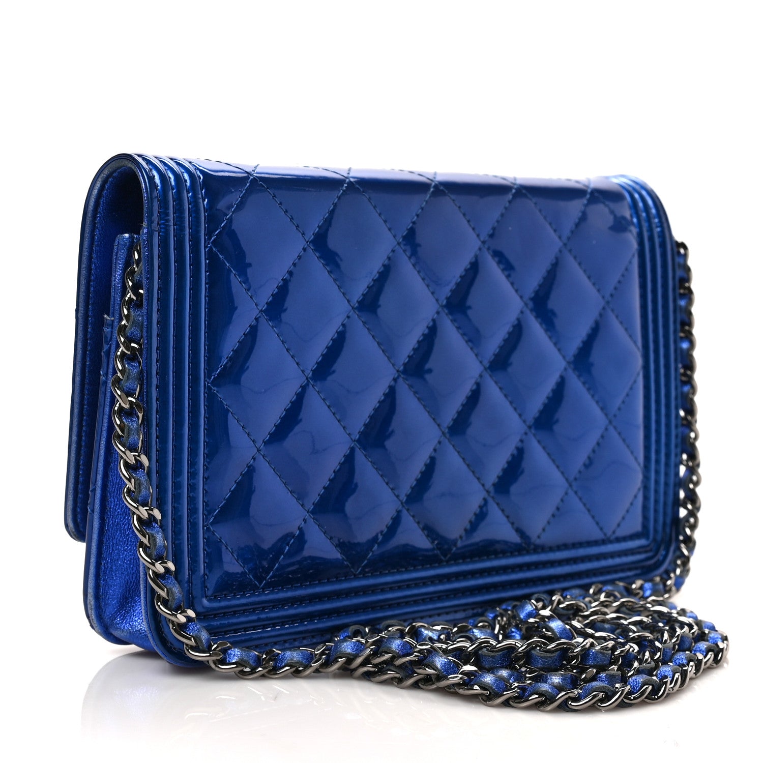 Chanel Metallic Patent Calfskin Quilted Boy Wallet on Chain WOC Blue 3 of 9