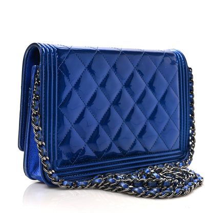 Chanel Metallic Patent Calfskin Quilted Boy Wallet on Chain WOC Blue 3 of 9