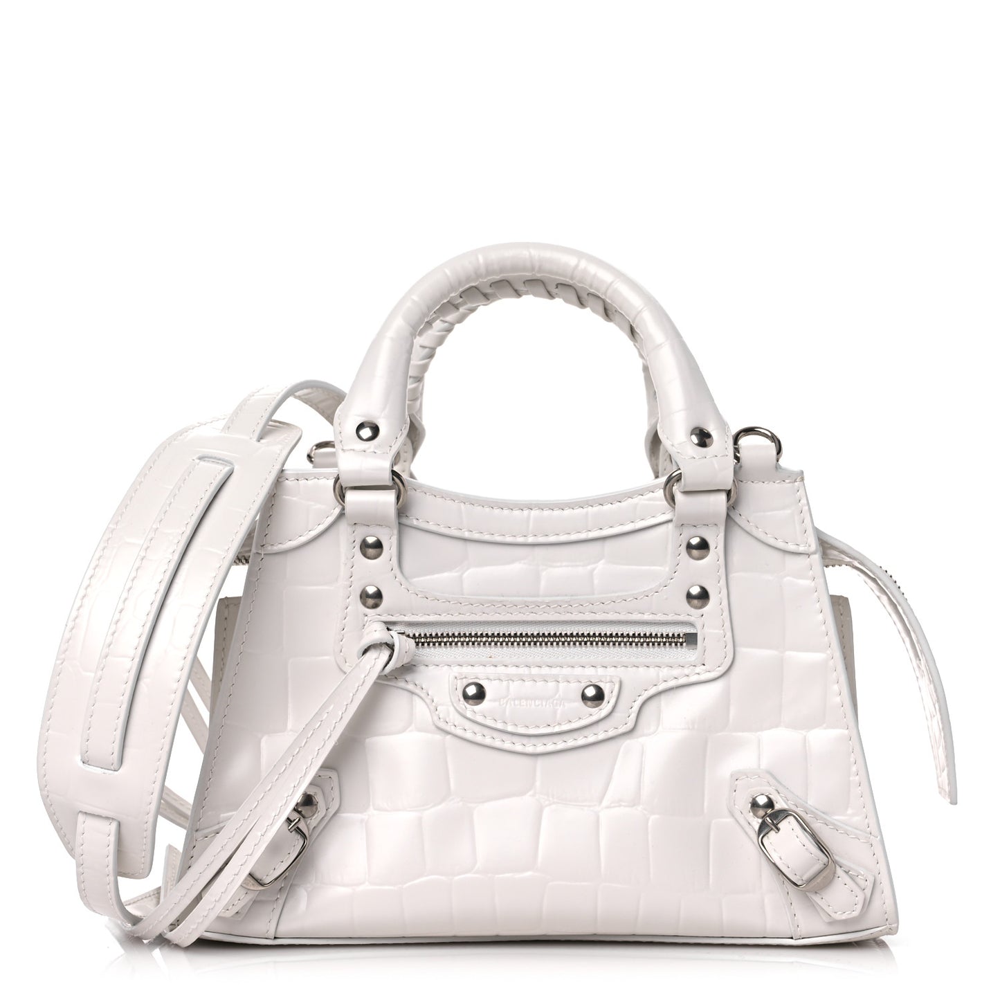 Semi Shiny Calfskin Crocodile Embossed Neo Classic Silver Hardware Mini City White