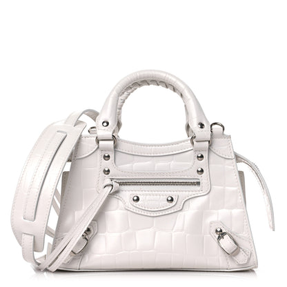 Balenciaga Semi Shiny Calfskin Crocodile Embossed Neo Classic Silver Hardware Mini City White 1 of 10