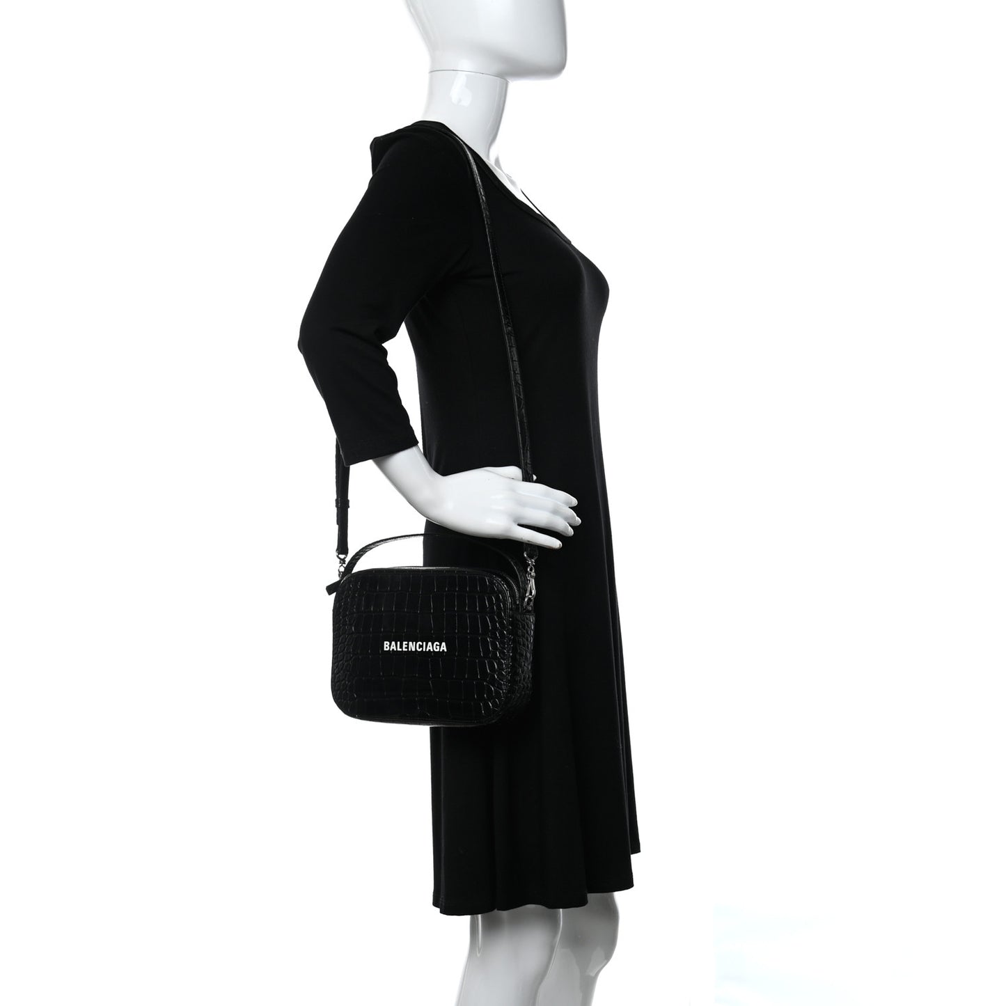 Shiny Calfskin Logo Crocodile Embossed S Everyday Camera Bag with Handle Black