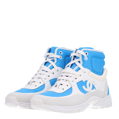Chanel Suede Calfskin Lambskin High Top CC Sneakers 37.5 White Blue 4 of 11