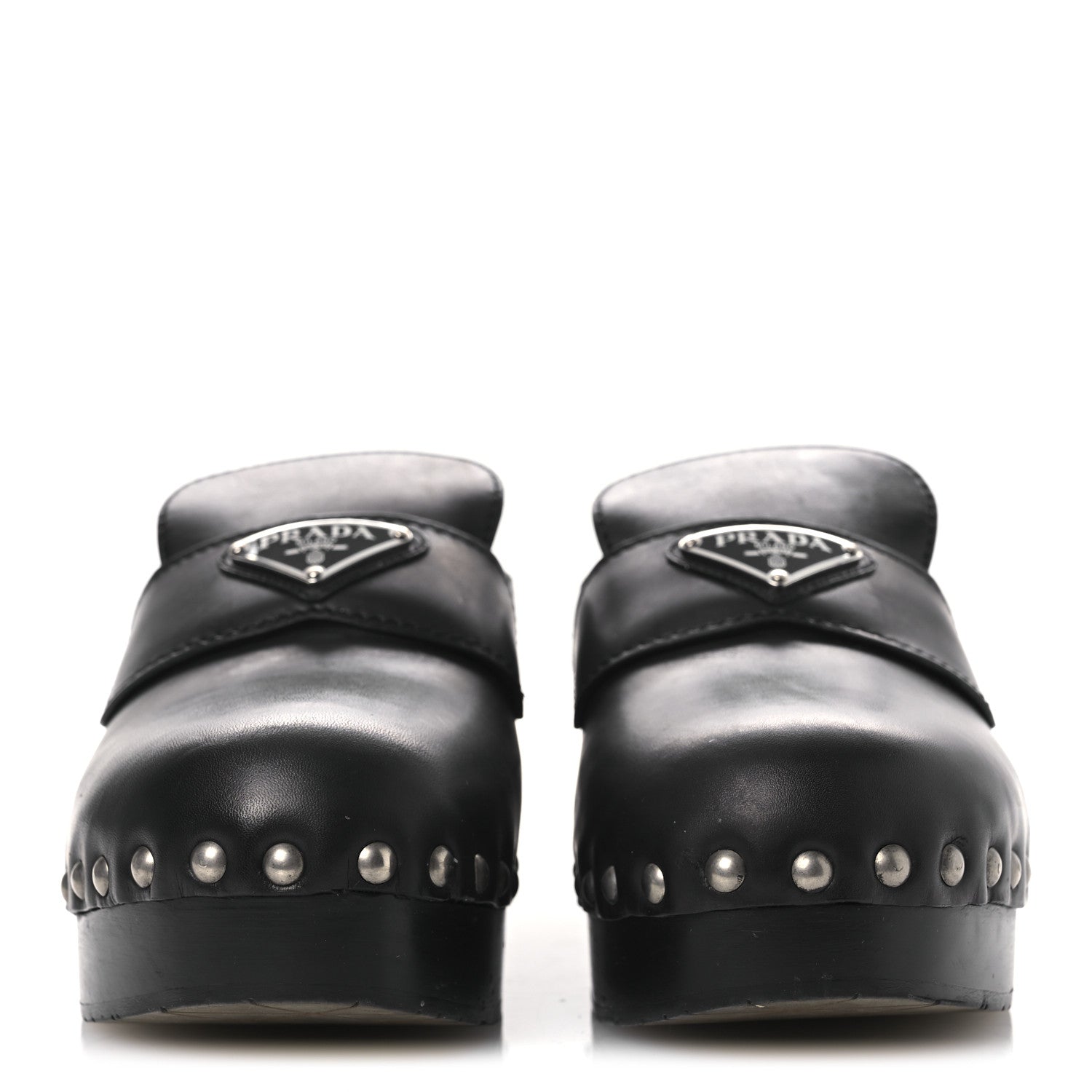 Prada Natural Calfskin Metal Triangle Logo 45mm Clogs 38 Black 3 of 12