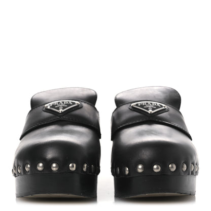 Prada Natural Calfskin Metal Triangle Logo 45mm Clogs 38 Black 3 of 12