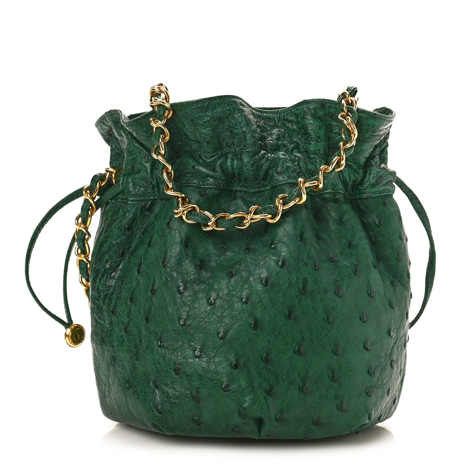 Chanel Ostrich Drawstring Pouch Bag Green 1 of 10