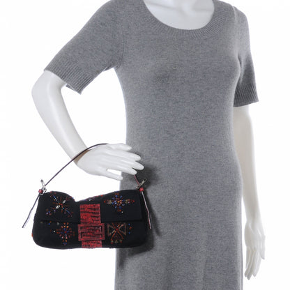 Fendi Canvas Lizard Beaded Baguette Black 2 of 8