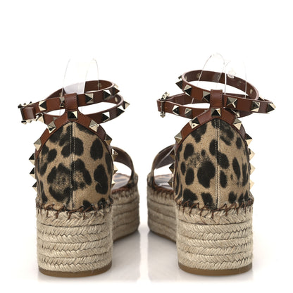 Valentino Garavani Canvas Leopard Print Rockstud Ankle Wrap Espadrille Flatform Sandals 41 Brown 6 of 13