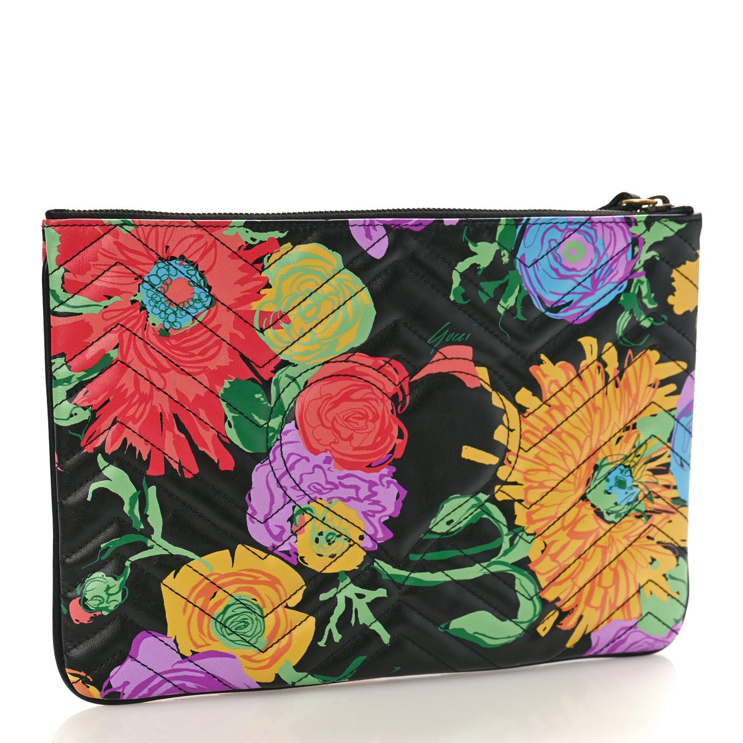 X KEN SCOTT Calfskin Matelasse Floral Print GG Marmont Zip Pouch Black