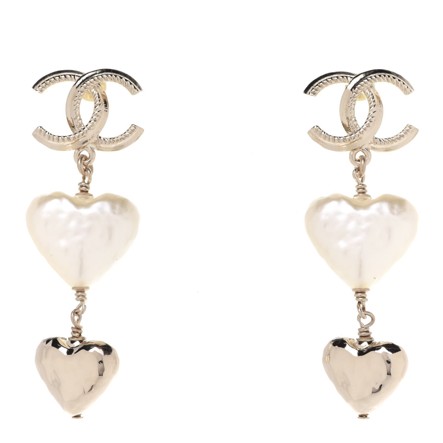 Chanel Pearl CC Double Heart Drop Earrings Gold 1 of 5