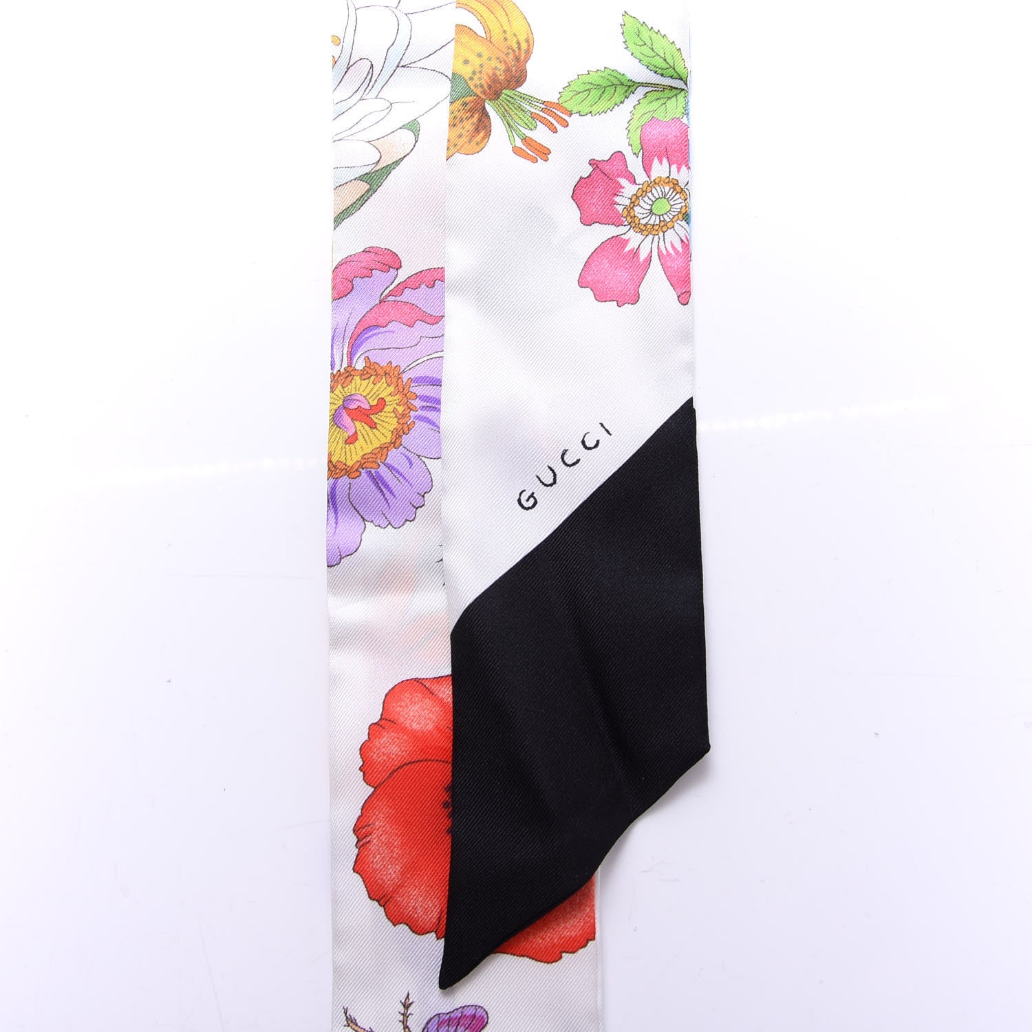 Gucci Silk Twill Floriso Neck Bow Scarf Black White 2 of 4