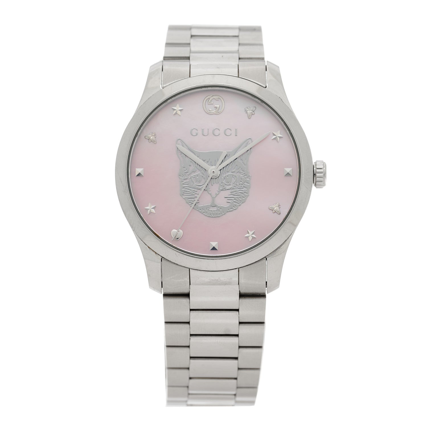Gucci Stainless Steel Pink Mother of Pearl 38mm G-Timeless Cat Quartz Watch 1 of 5