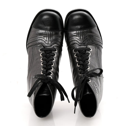 Chanel Crumpled Calfskin CC Lace Up Boots 37 Grey Black 2 of 11