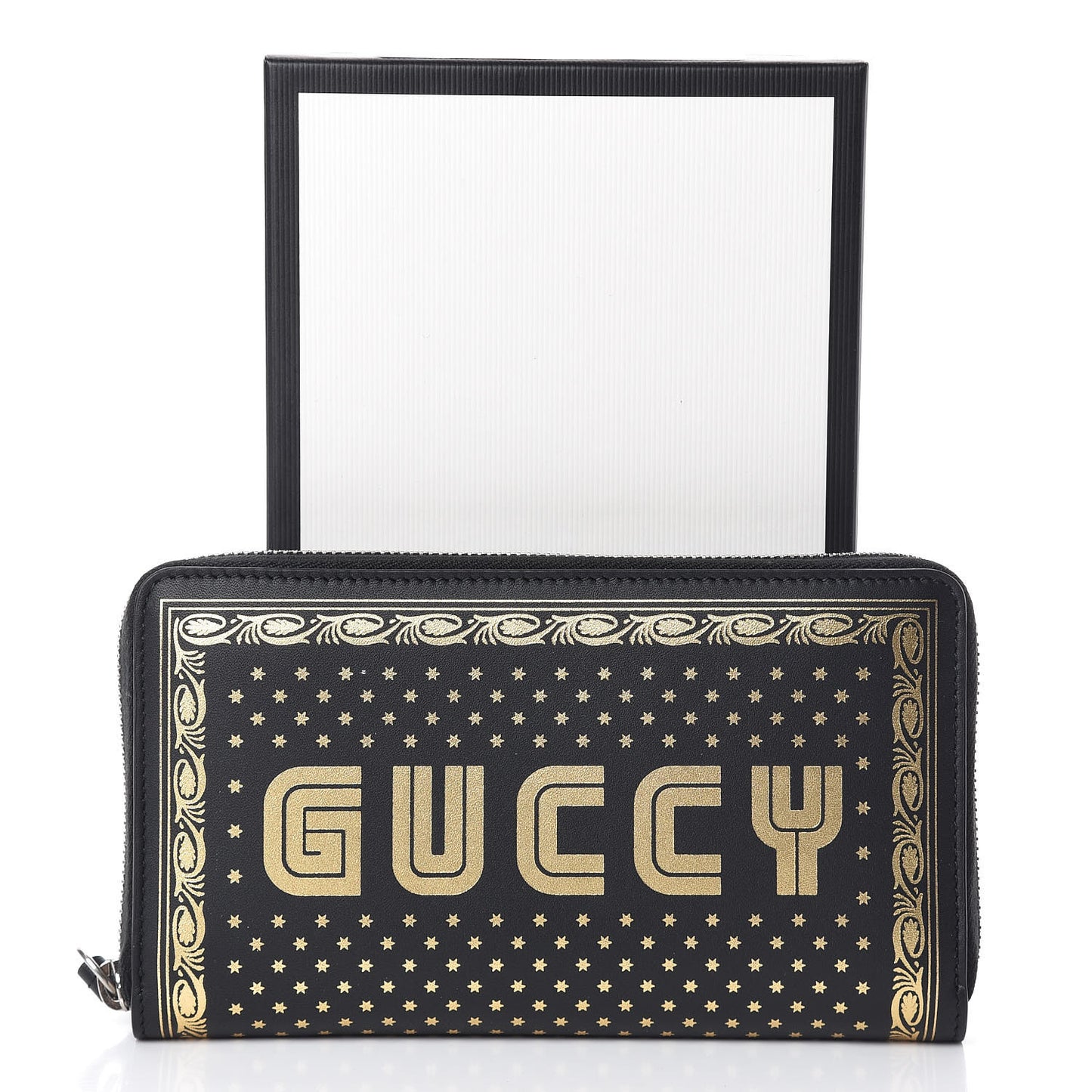X SEGA Calfskin GUCCY Stars Zip Around Wallet Black Gold