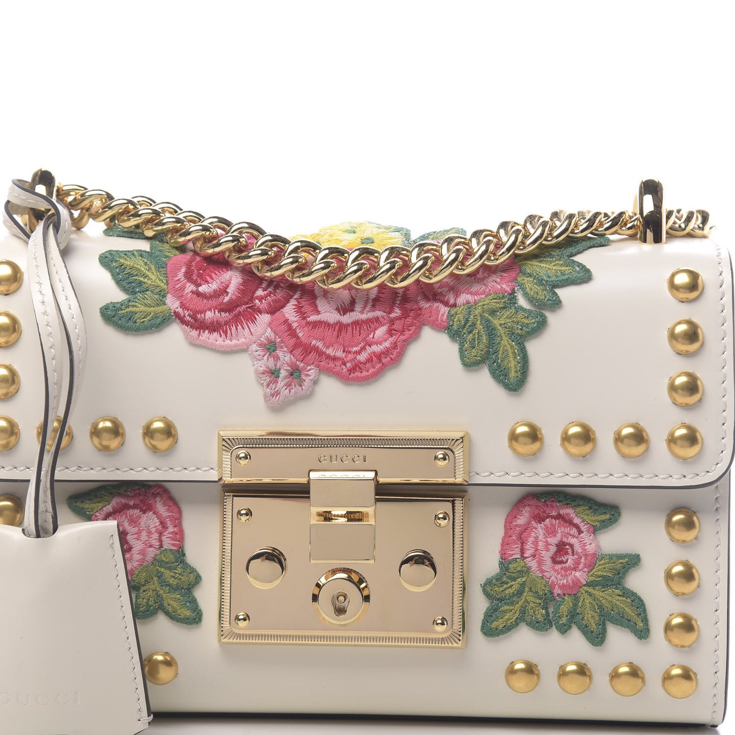 Calfskin Floral Embroidered Small Padlock Shoulder Bag White