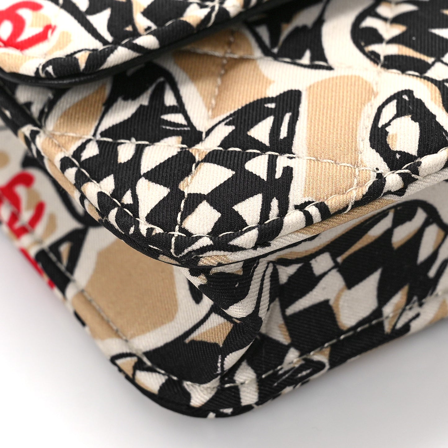 Canvas Check Flag Printed CC Clutch With Chain Beige Multicolor