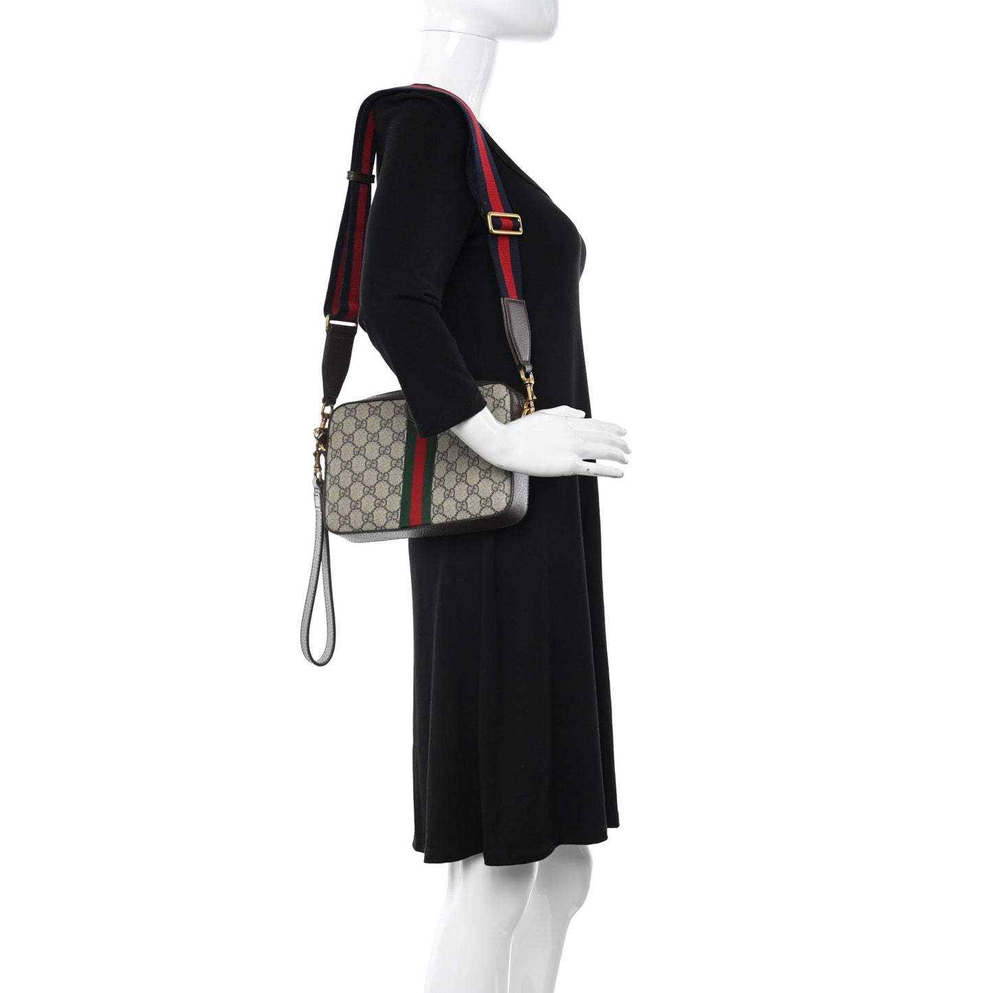 GG Supreme Monogram Textured Dollar Calfskin Web Ophidia Wristlet Shoulder Bag Beige Ebony New Acero