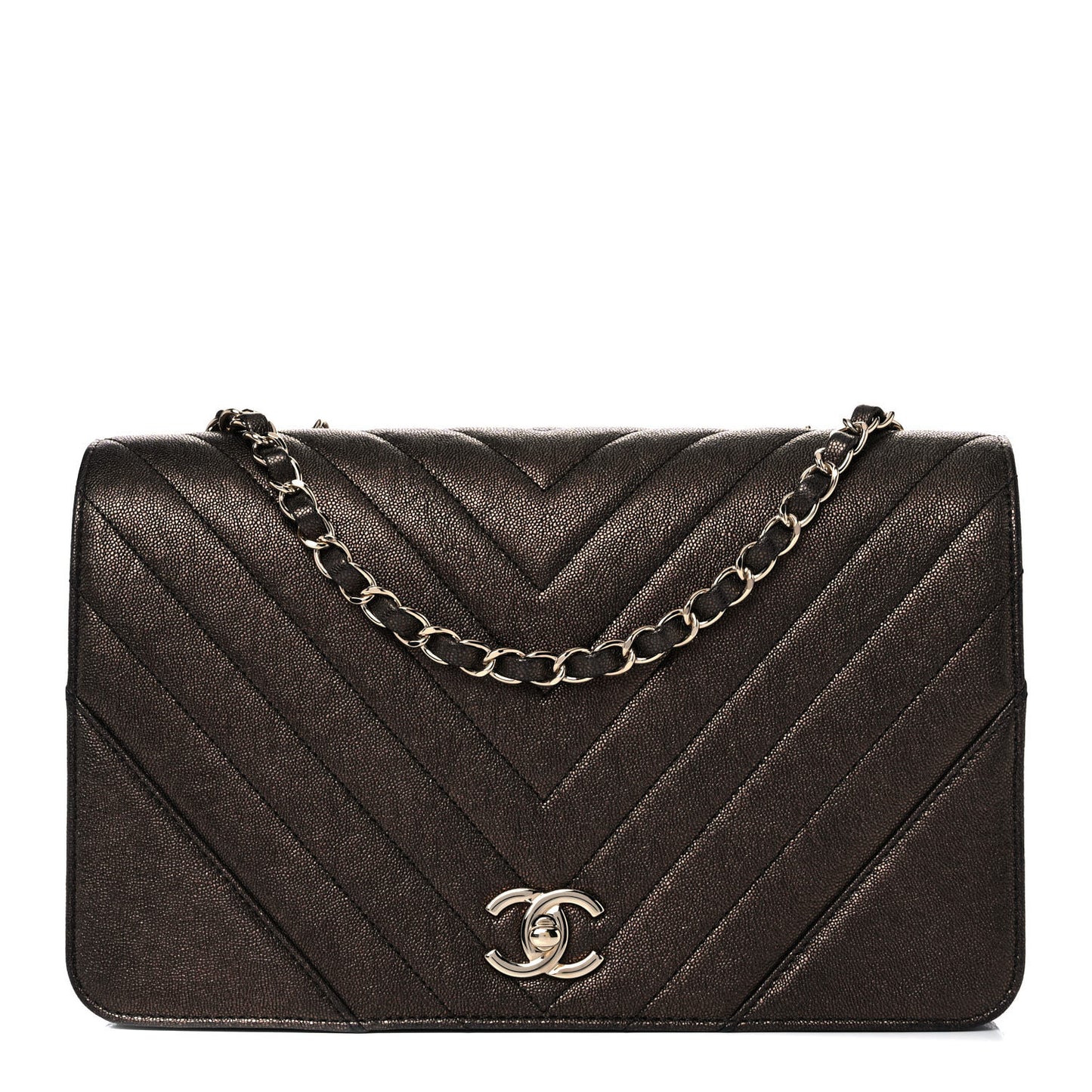 Metallic Caviar Chevron Quilted Medium Statement Flap Bronze